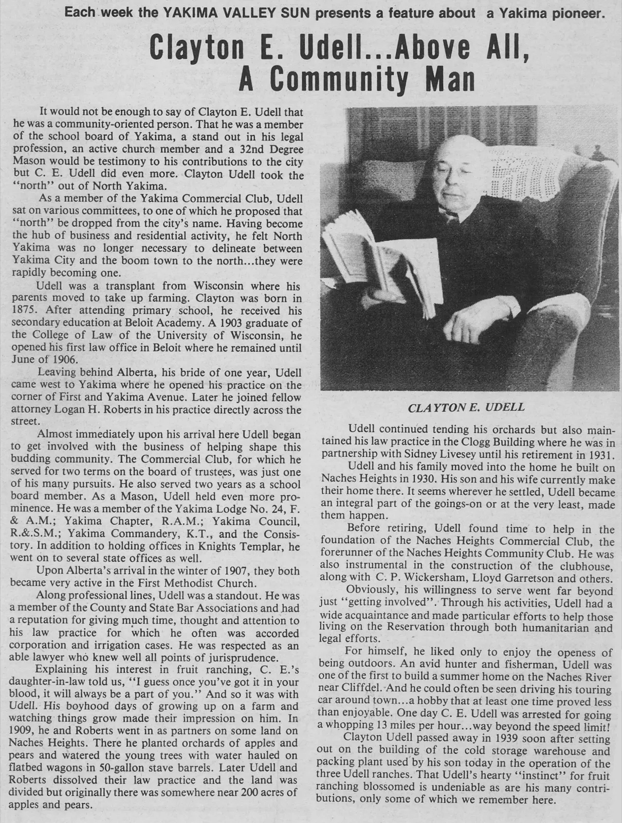 Yakima Valley Sun feature on Clayton E. Udell