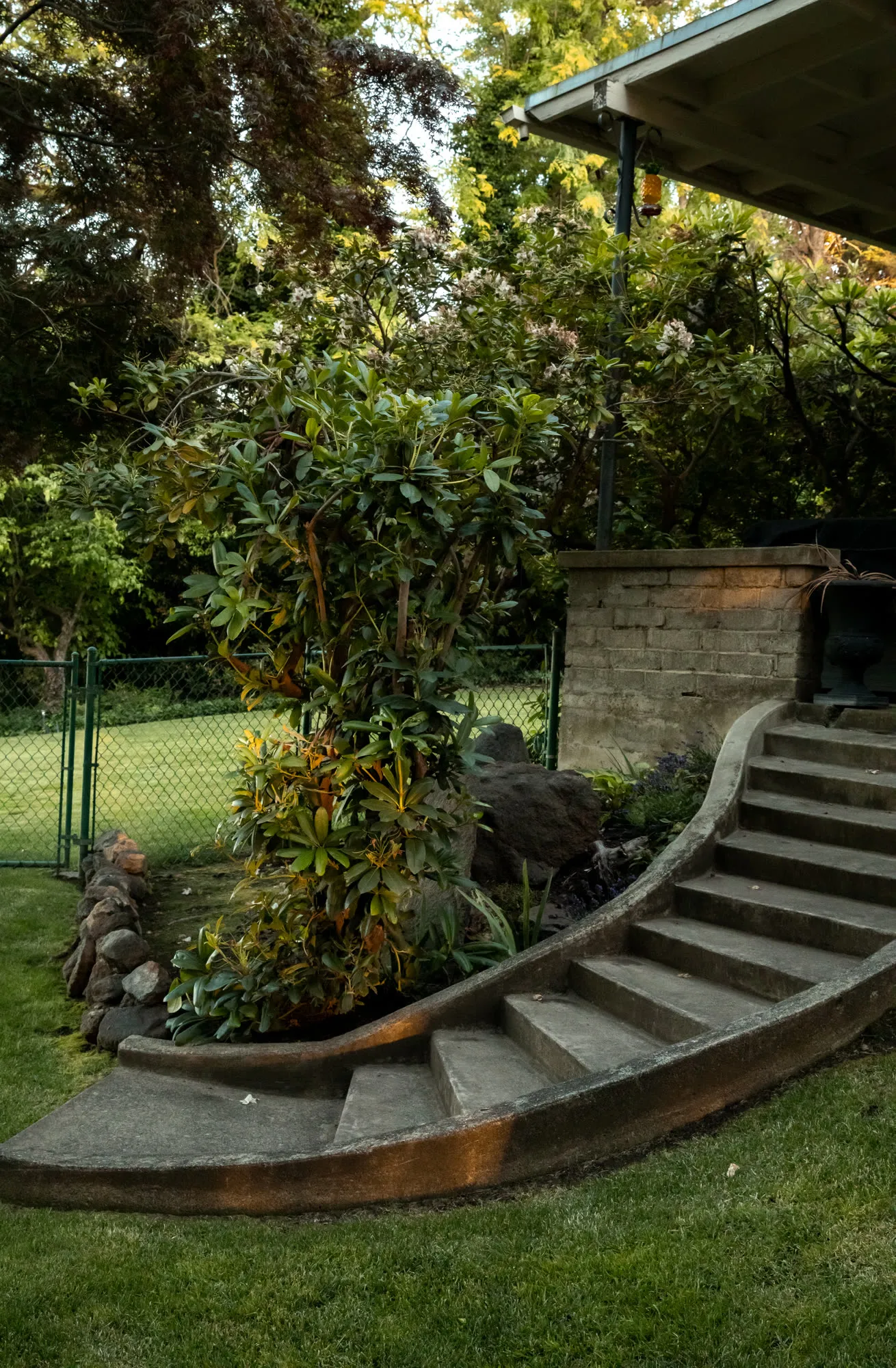 Curved concrete steps from the porch down to the lawn
