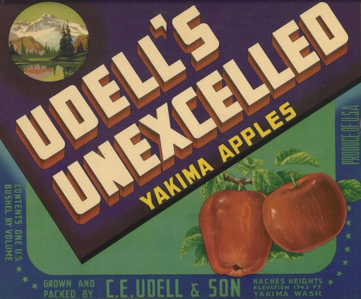Historic Udell's Unexcelled Yakima Apples crate label